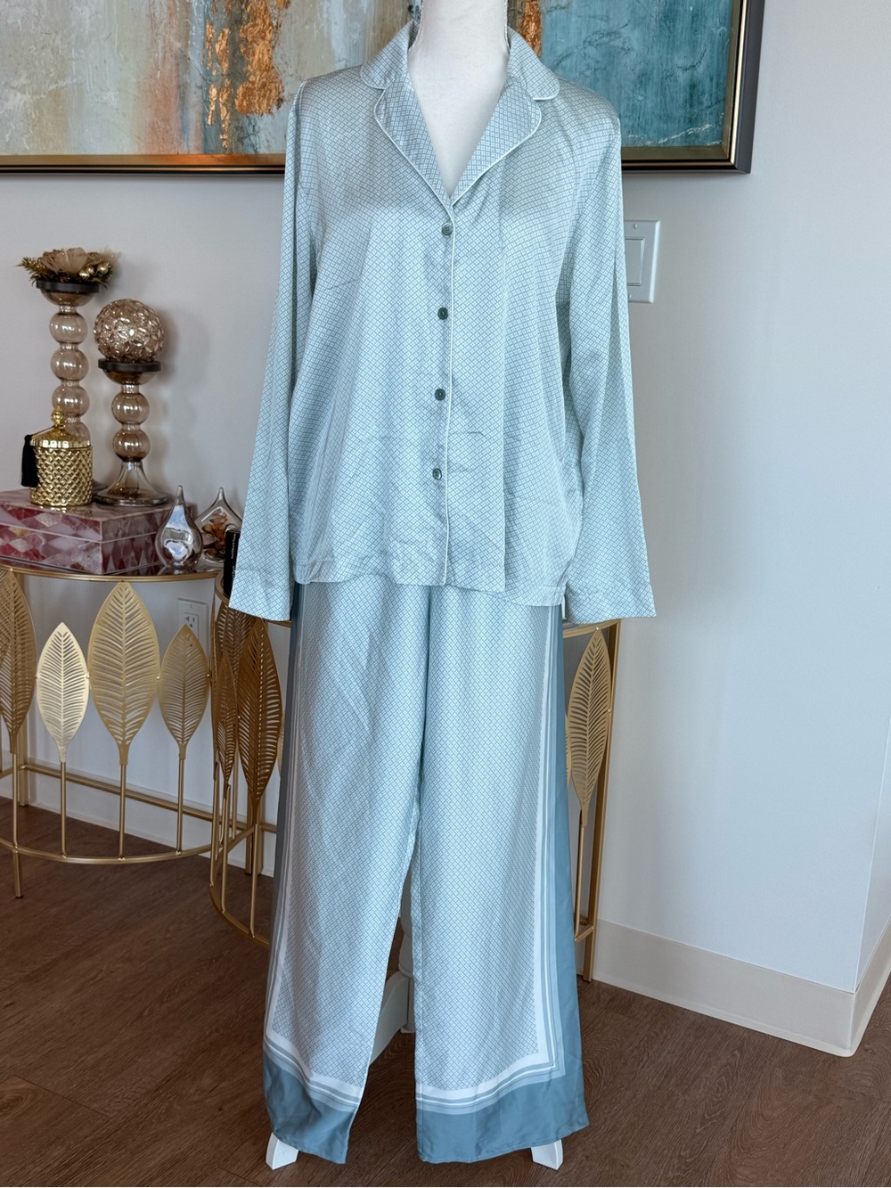 Women's Light Blue Satin Pajama Set - Classic Long Sleeve & Wide Leg